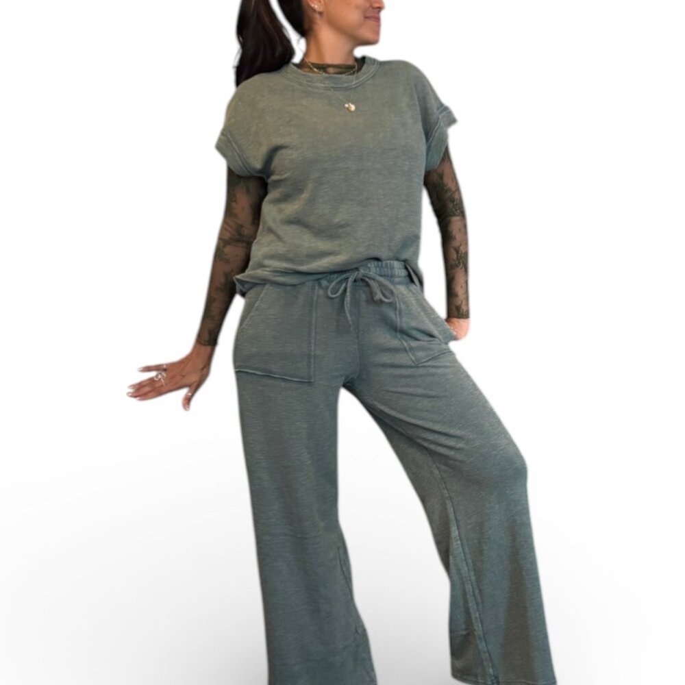 Jade Green 2-Piece Lounge Set | Drawstring Wide Leg Pants | Comfy Fit